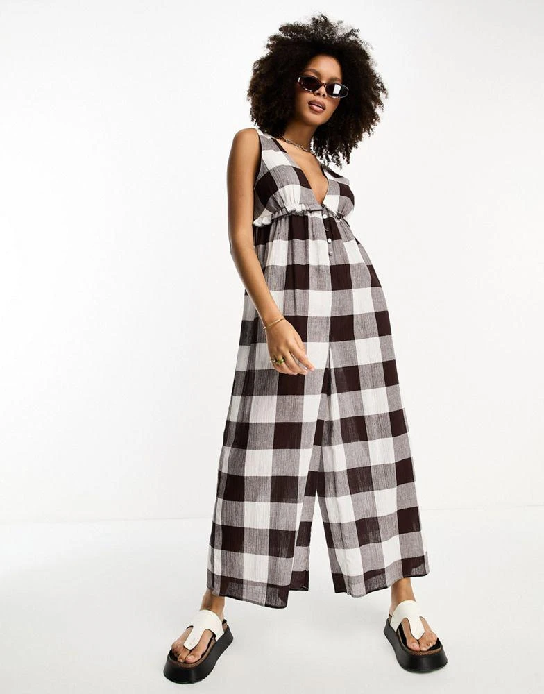 ASOS ASOS DESIGN tiered crinkle frill jumpsuit in brown gingham 2