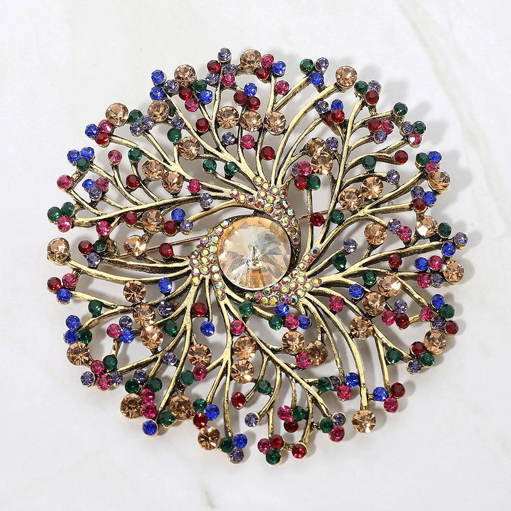 FASHNZFAB Round Stone Centered Rhinestone Embellished Branch Flower Pin Brooch 4