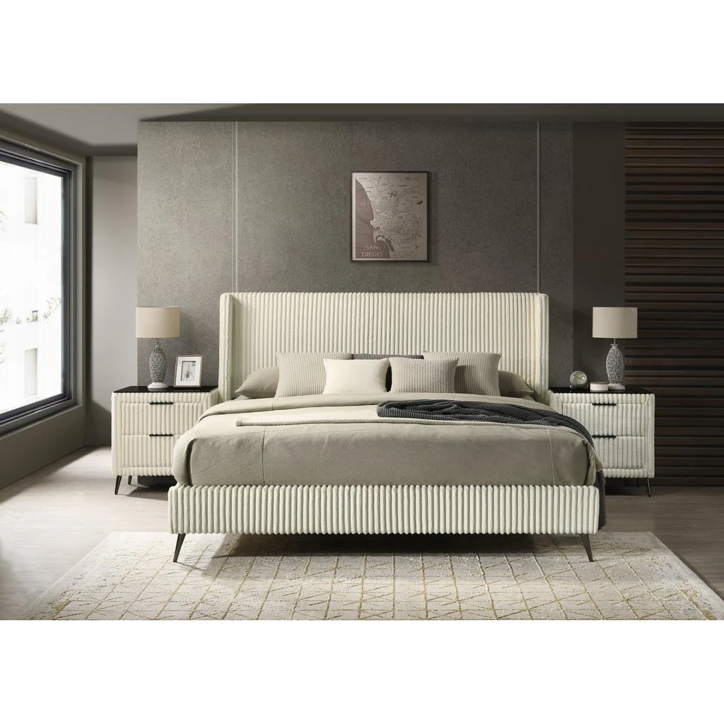 Streamdale Furniture Streamdale Wide Wale Corduroy Upholstery Panel King Bed with 2 Nightstands, Cream 1