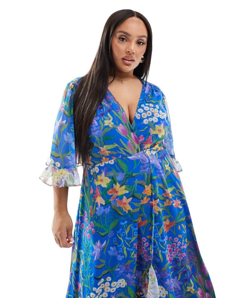 Hope & Ivy Plus Hope & Ivy Plus frill sleeve maxi wrap dress with tie waist in blue print 4