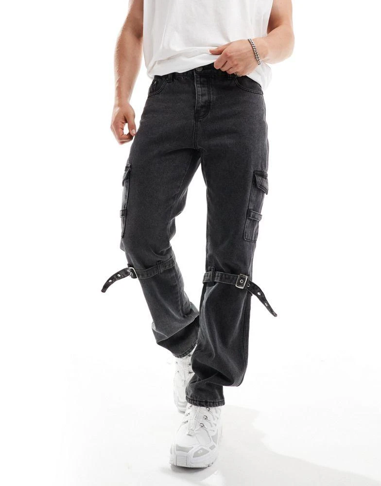 Liquor N Poker Liquor N Poker relaxed cargo jean with strap in black wash 1