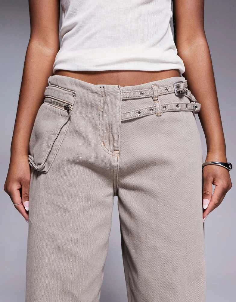 Princess Polly Princess Polly buckle and pocket detail baggy wide leg jeans in washed brown 5
