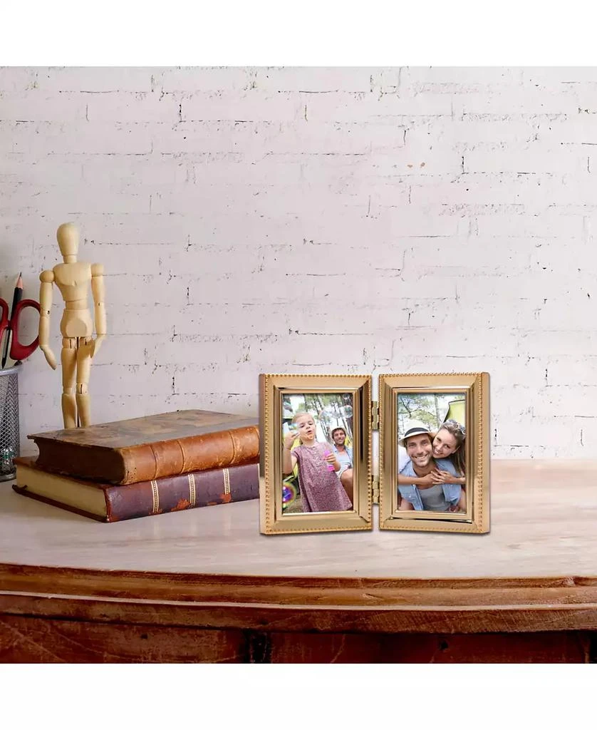 Lawrence Frames Polished Metal Hinged Double Picture Frame - Bead Border Design, 2.5" x 3.5" 4