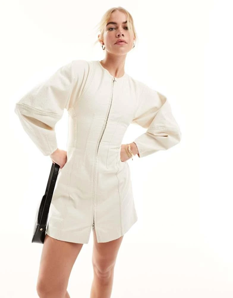 & Other Stories & Other Stories corset waist mini dress with zip front and sculptural sleeves in beige 1