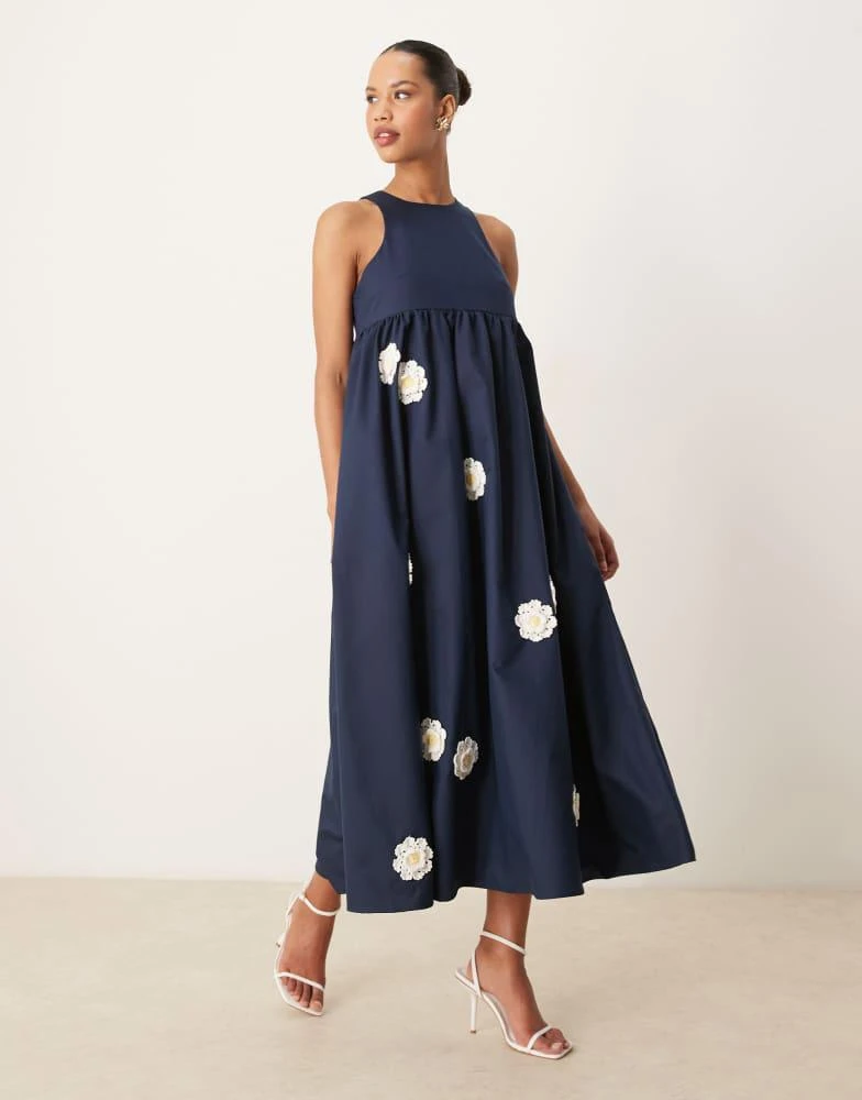 Shop Dream Sister Jane empire waist embroidered flower midi dress in navy  on Sale at BeyondStyle  Get 20% Off Dream Sister Jane empire waist  embroidered flower midi dress in navy with
