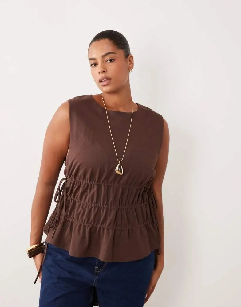 ASOS ASOS DESIGN Curve linen look sleeveless top with drawstring waist in brown