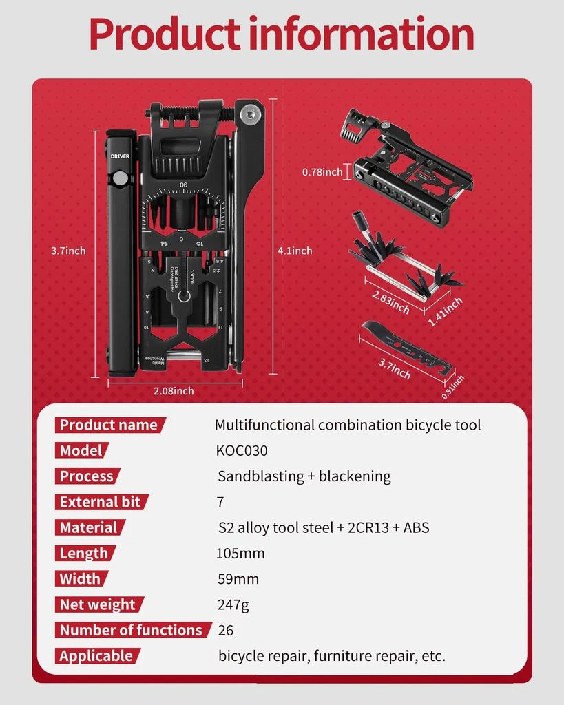 Kocyare Bike Multi Tool 38 in 1 Bicycle Repair Kit with Chain Levers, Hex Spoke Wrench, Splitter Tool and Crank Puller - Portable Cycling Accessories Set 9
