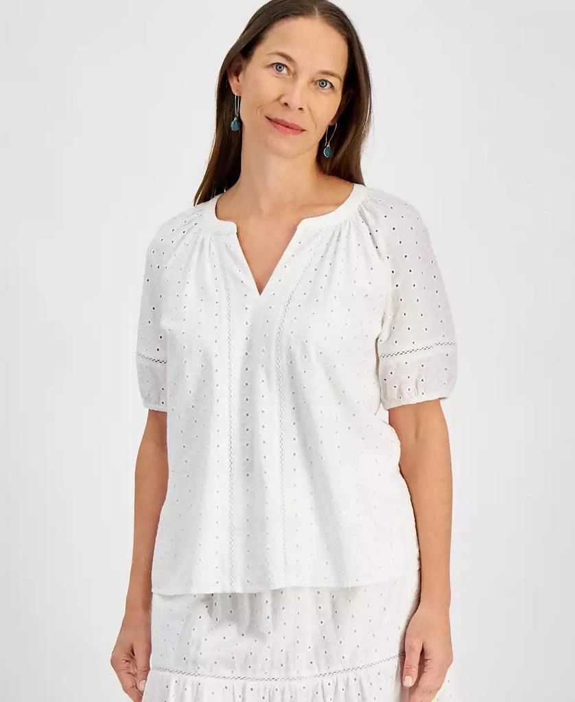 Style & Co Petite Cotton Split-Neck Short-Sleeve Eyelet Top, Exclusively at Macy's 1