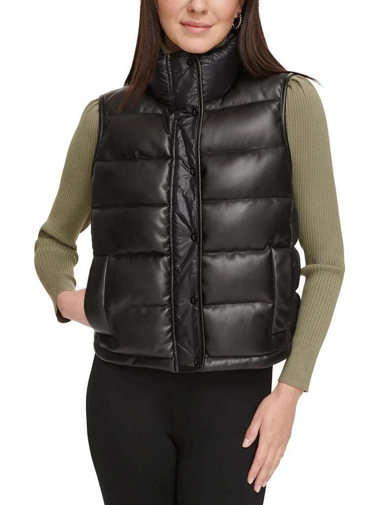DKNY Womens Faux Leather Quilted Outerwear Vest 1