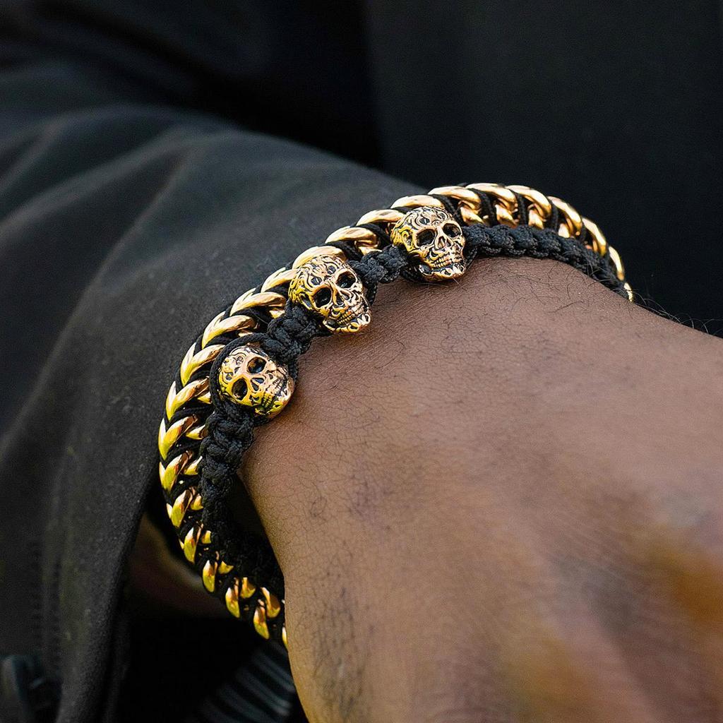 Crucible Jewelry Three Gold IP Skulls on Shocker Tie Woven Bracelet
