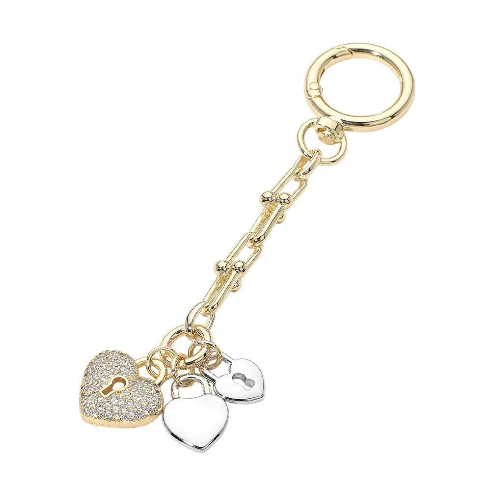 FASHNZFAB 14K Gold Plated CZ Pave Triple Heart Lock Charm Drop Keychain Bag Charm 2