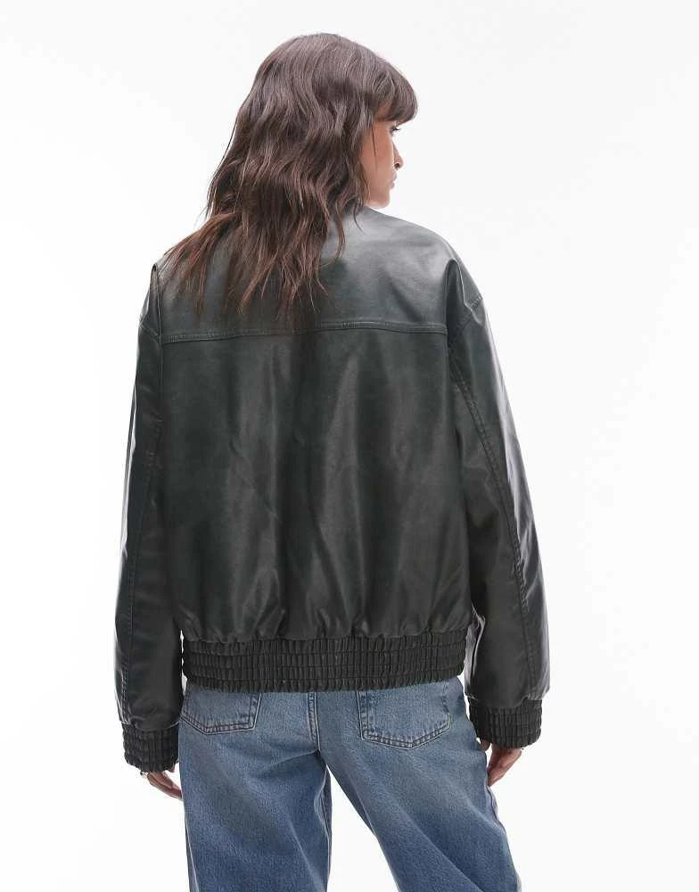 Topshop Topshop faux leather oversized bomber jacket in green 4