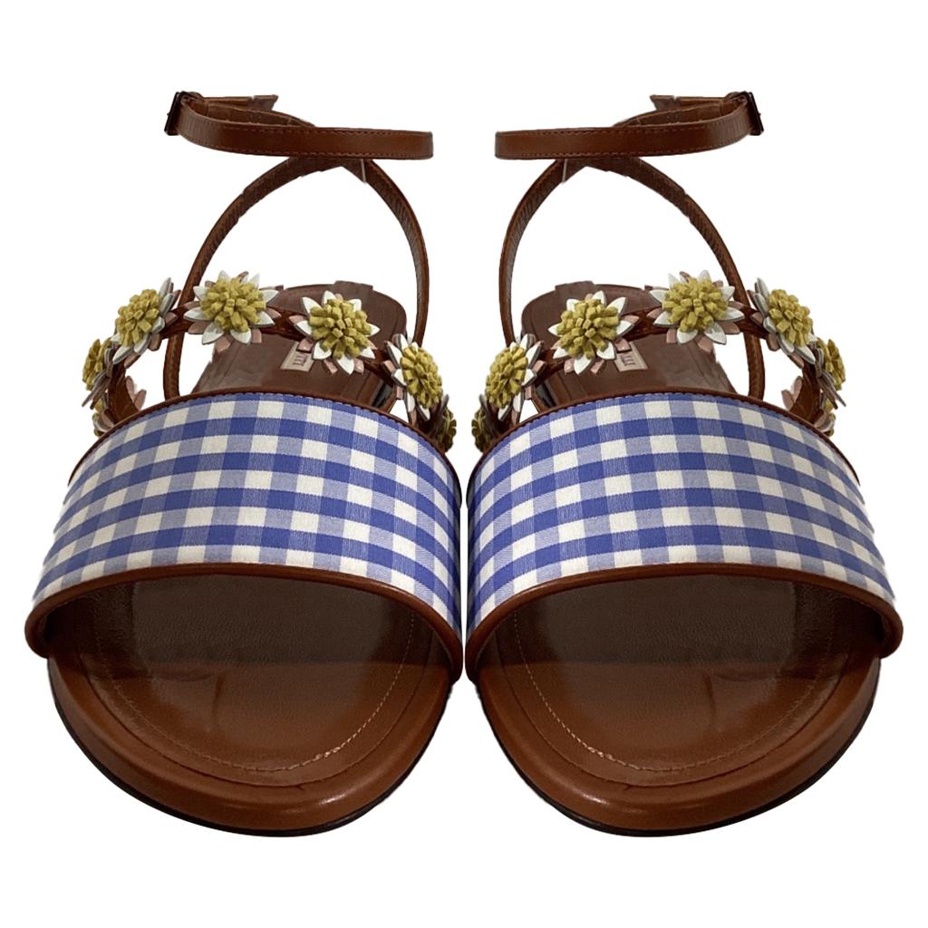 Fabrizio Viti Bea Floral-Appliqué Gingham Sandals in Blue Leather
