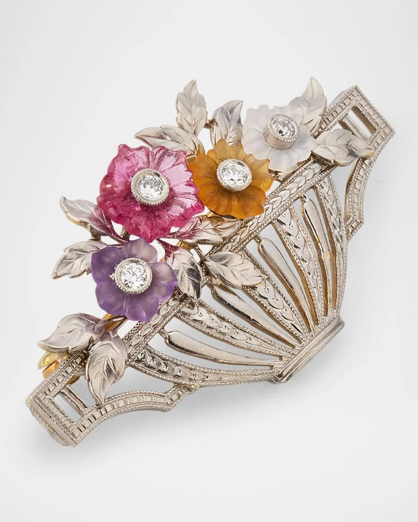 NM Estate Estate Platinum and 14K Gold Carved Mixed-Stone Flower Basket Brooch with Diamonds 3