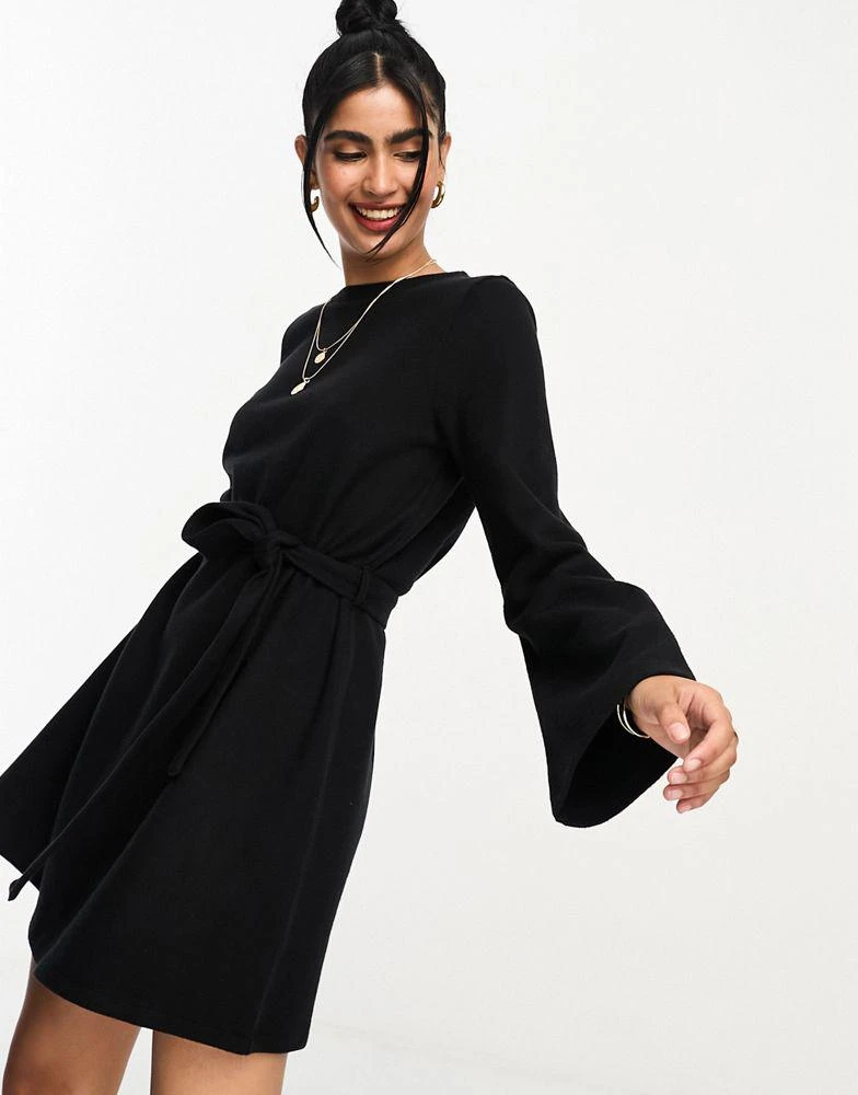 ASOS DESIGN ASOS DESIGN supersoft flare sleeve jumper swing mini dress with belt in black 1