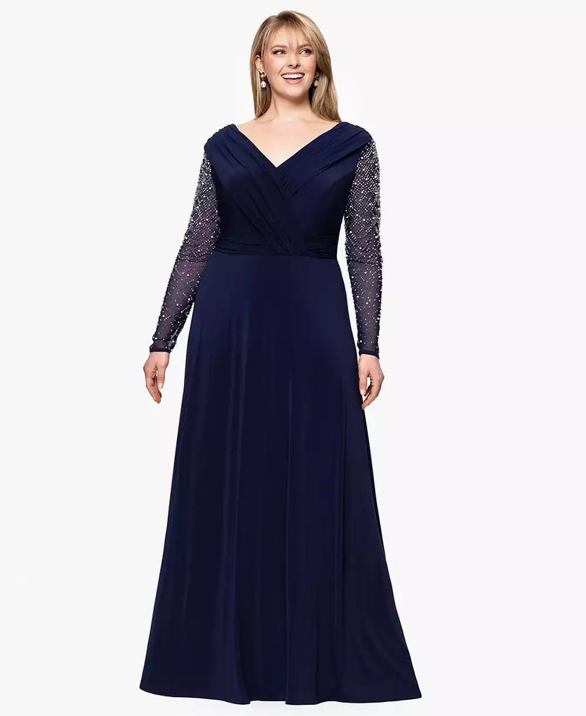 Betsy & Adam Plus Size V-Neck Beaded Long A-Line Dress