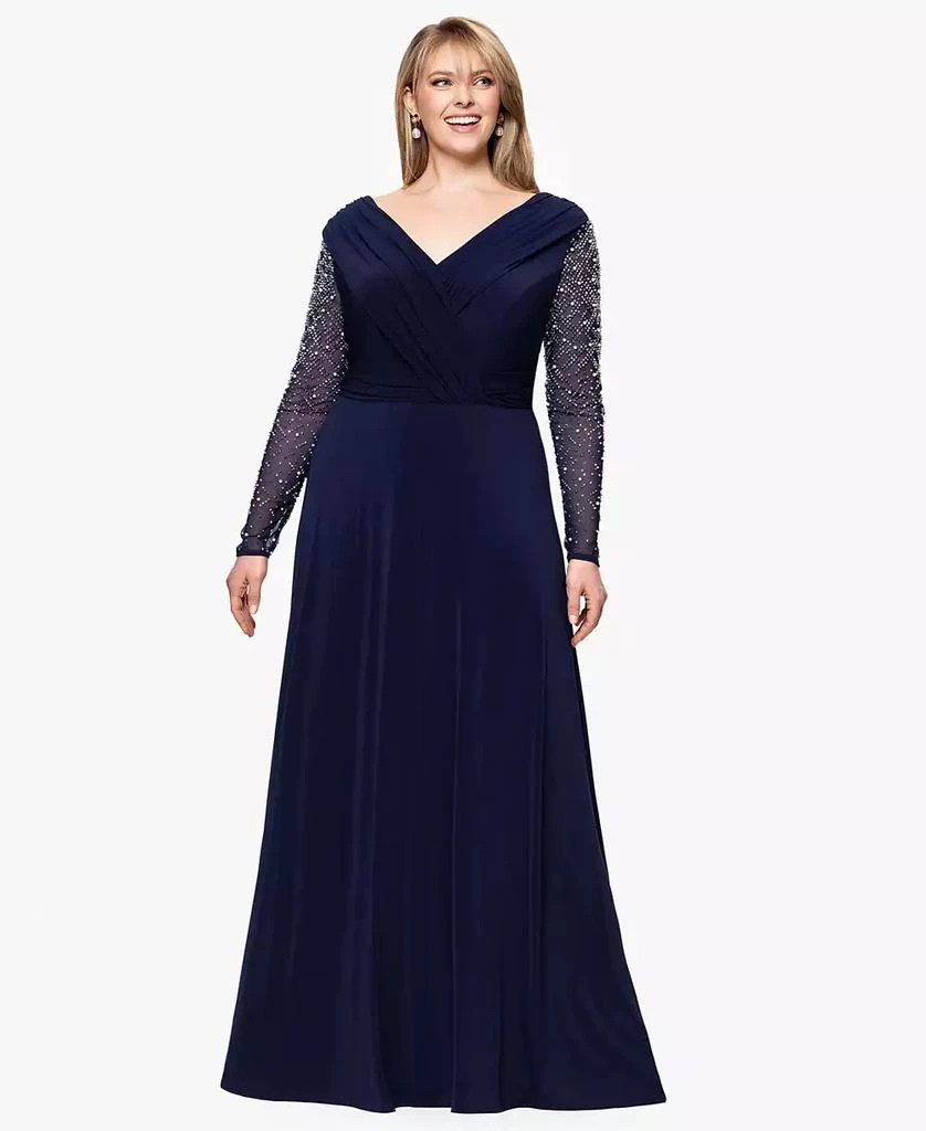 Betsy & Adam Plus Size V-Neck Beaded Long A-Line Dress 1