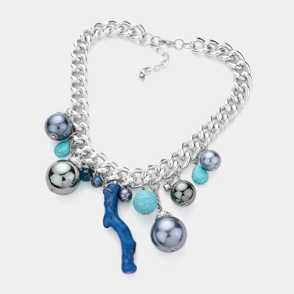 FASHNZFAB Natural Stone Metal Ball Pearl Coral Link Statement Necklace 2