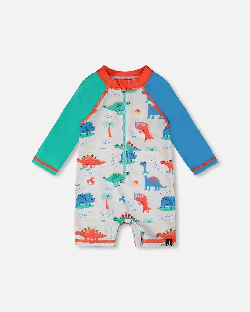 Deux par Deux Baby and Toddler One-Piece Long Sleeve Rashguard Grey Baby Dinosaur Print