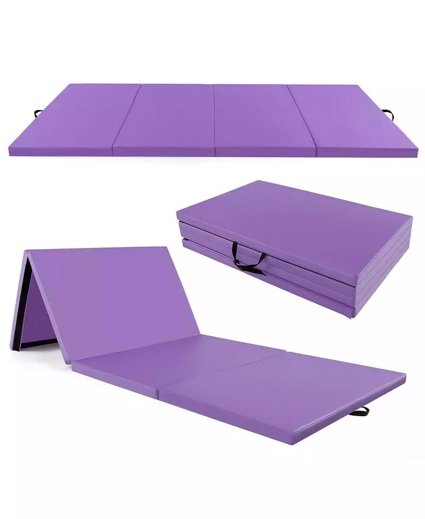 GOUUN 4-Panel PU Leather Folding Exercise Mat with Carrying Handles-Purple