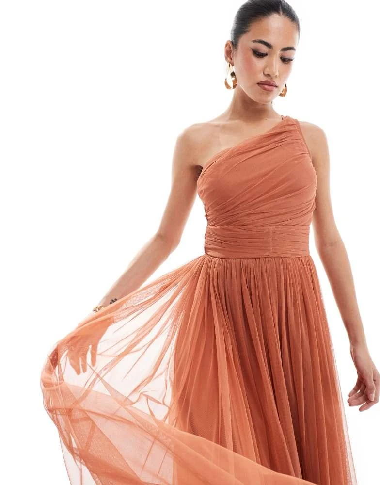 Lace & Beads Lace & Beads Bridesmaid one shoulder tulle maxi dress in terracotta rose 2