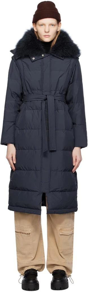 Yves Salomon Navy Belted Down Coat 1