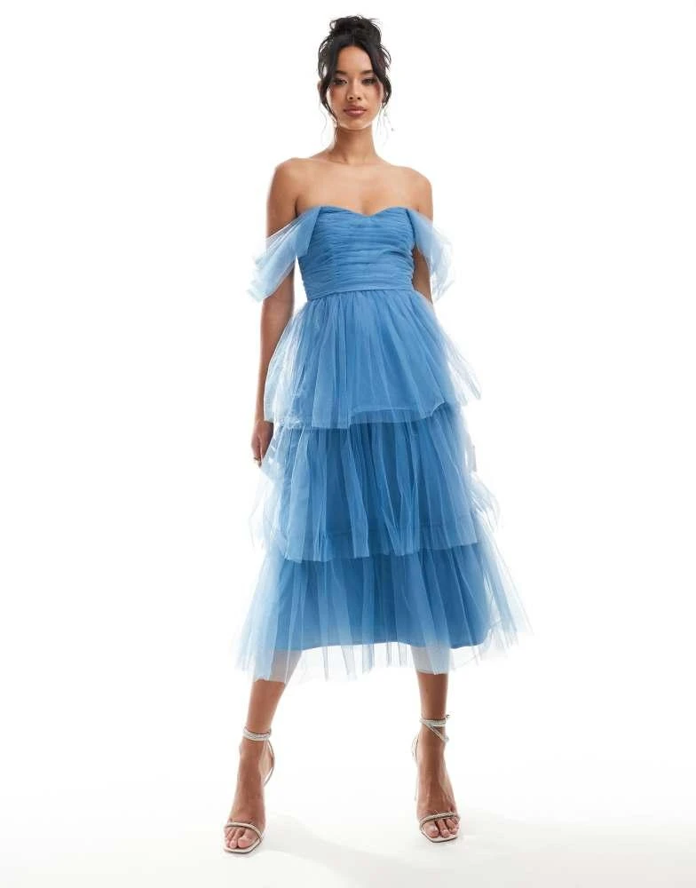 Lace & Beads Lace & Beads ruched tulle tiered midi dress in blue 1