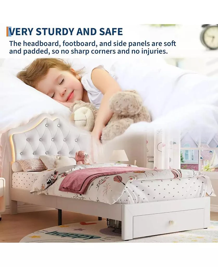 gaomon Twin Velvet Upholstered Platform Bed with LED Lights, Crystal Button Headboard, Storage Drawer, Noise-Free, No Box Spring Needed 5