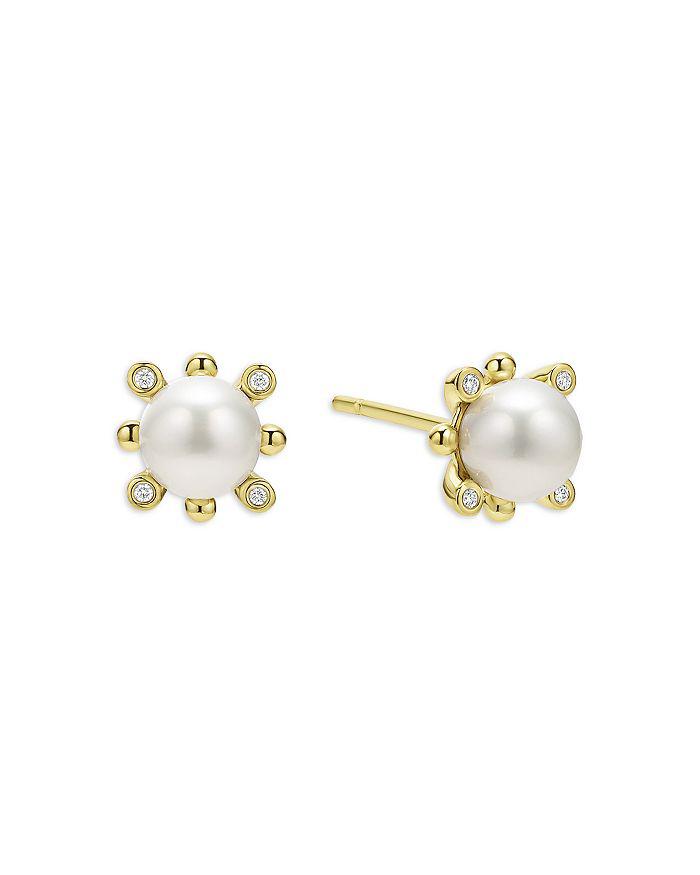 LAGOS 18K Yellow Gold Luna Cultured Pearl & Diamond Fleur Stud Earrings