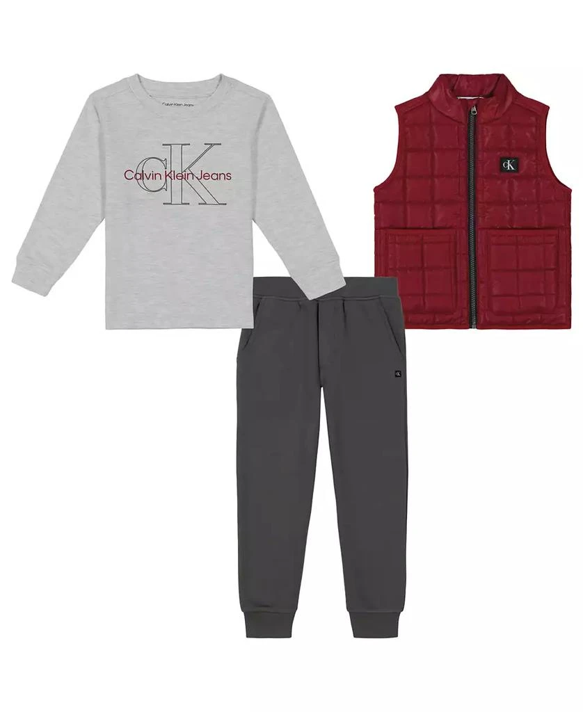Calvin Klein Toddler and Little Boys Long Sleeve Logo Tee, Fleece Joggers Quilted Microfiber Vest 3-Piece Set 1