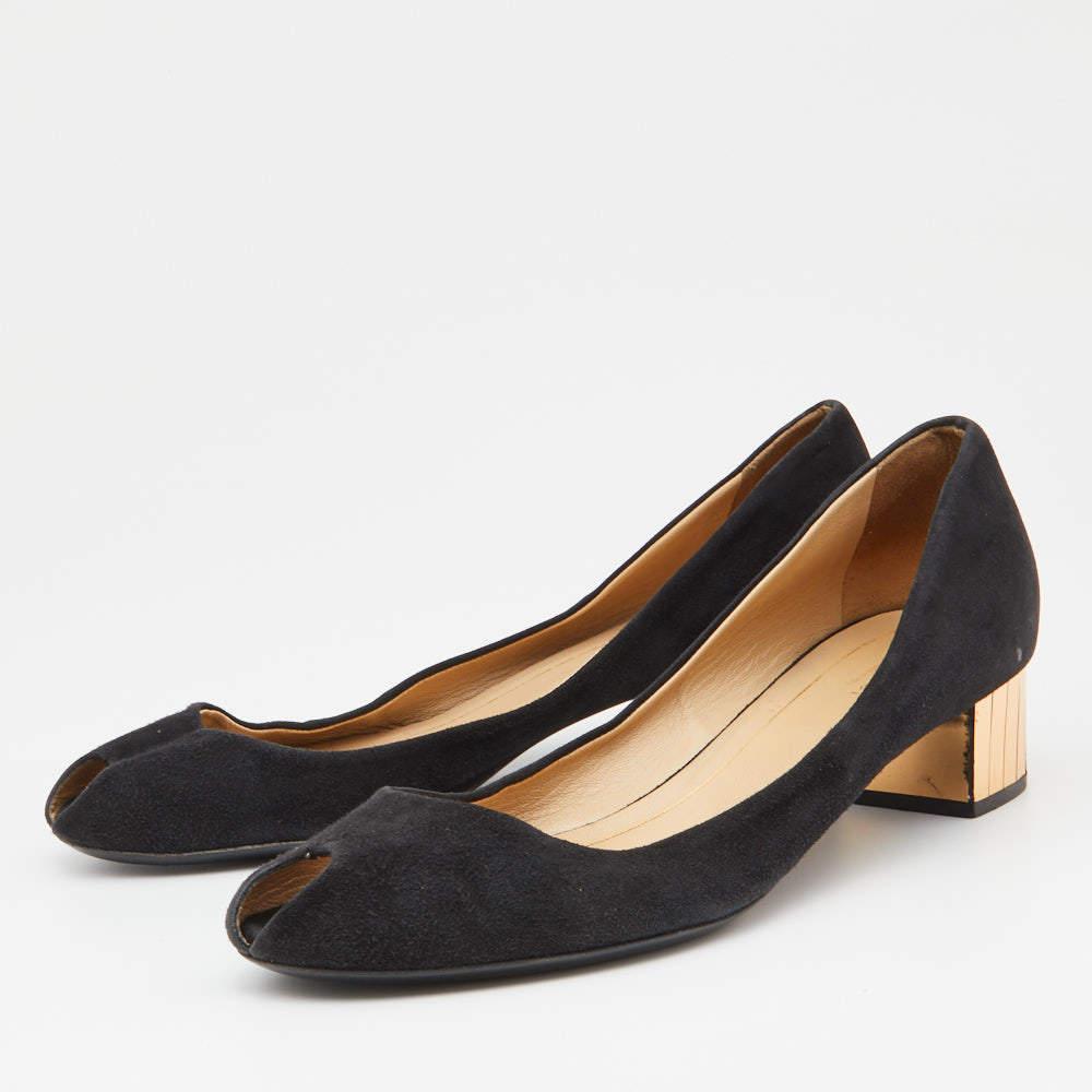 Gucci Gucci Black Suede Peep Toe Block Heel Pumps Size 40