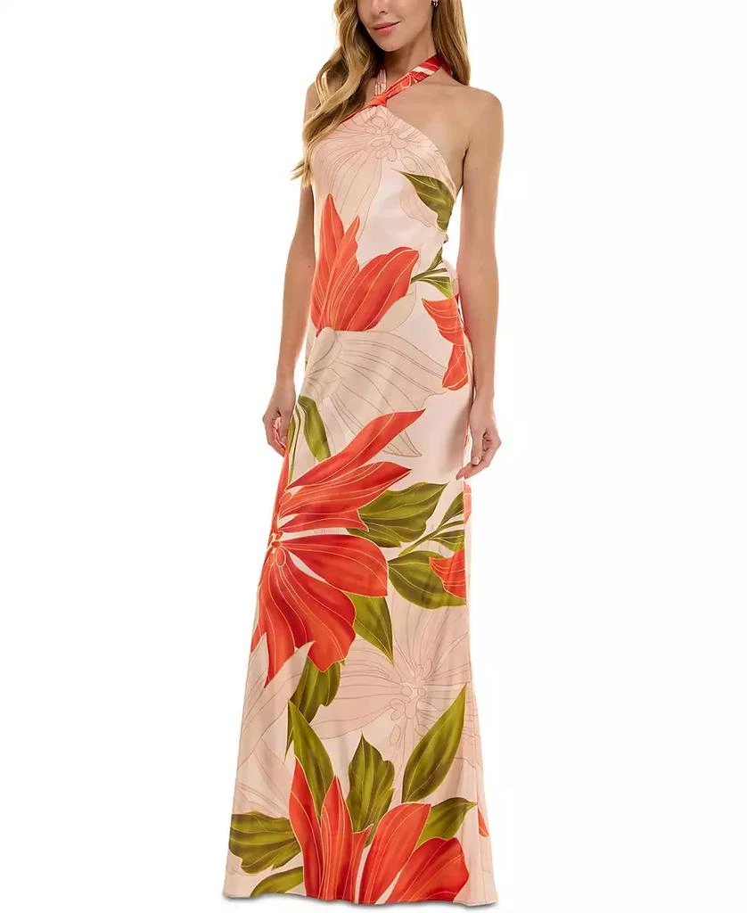 SENI & CADE Juniors' Printed Halter-Neck Satin Long Dress 3