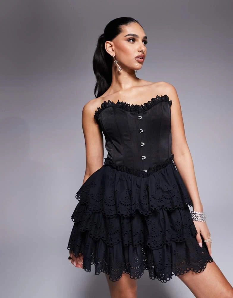 ASOS DESIGN bandeau corset mini dress with broderie tiered skirt in black   On Sale Now with Up to 56% Off | Discover Exclusive Deals & Savings at  BeyondStyle  Authentic ASOS