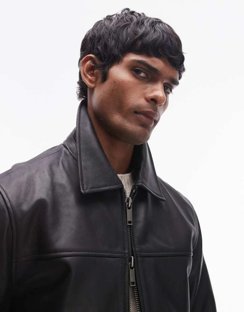 Selected Homme Selected Homme collar boxy leather jacket in black 3