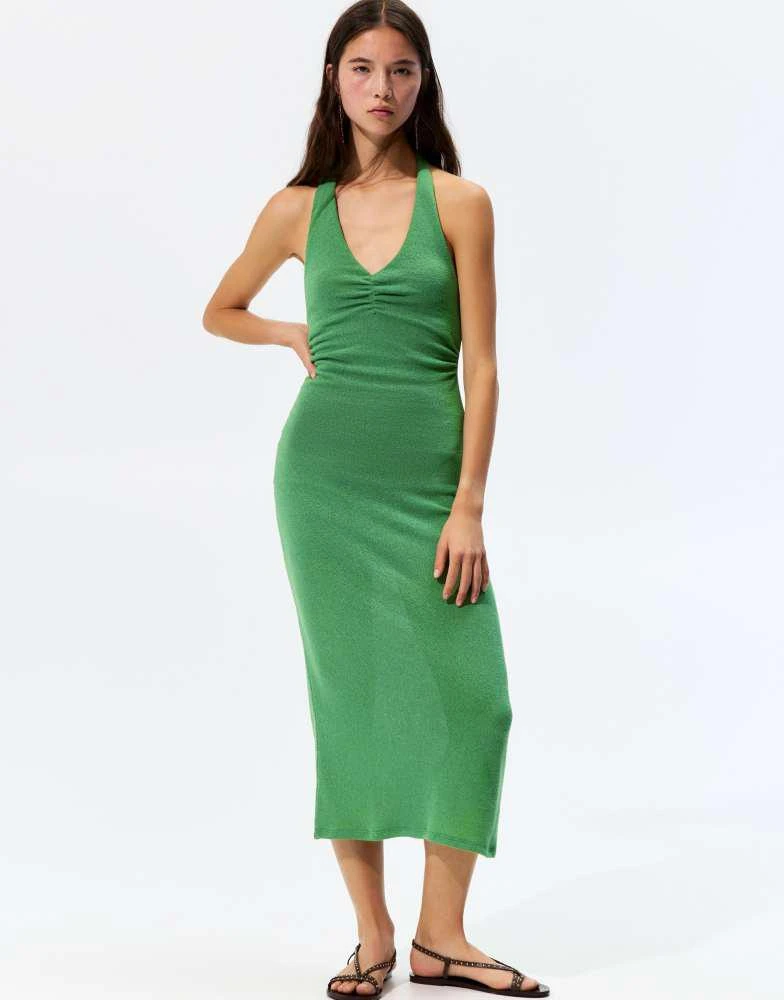 green knit halter dress Olive Green Chiffon Floral Embroidered Straight Cut Classic Festive Wear