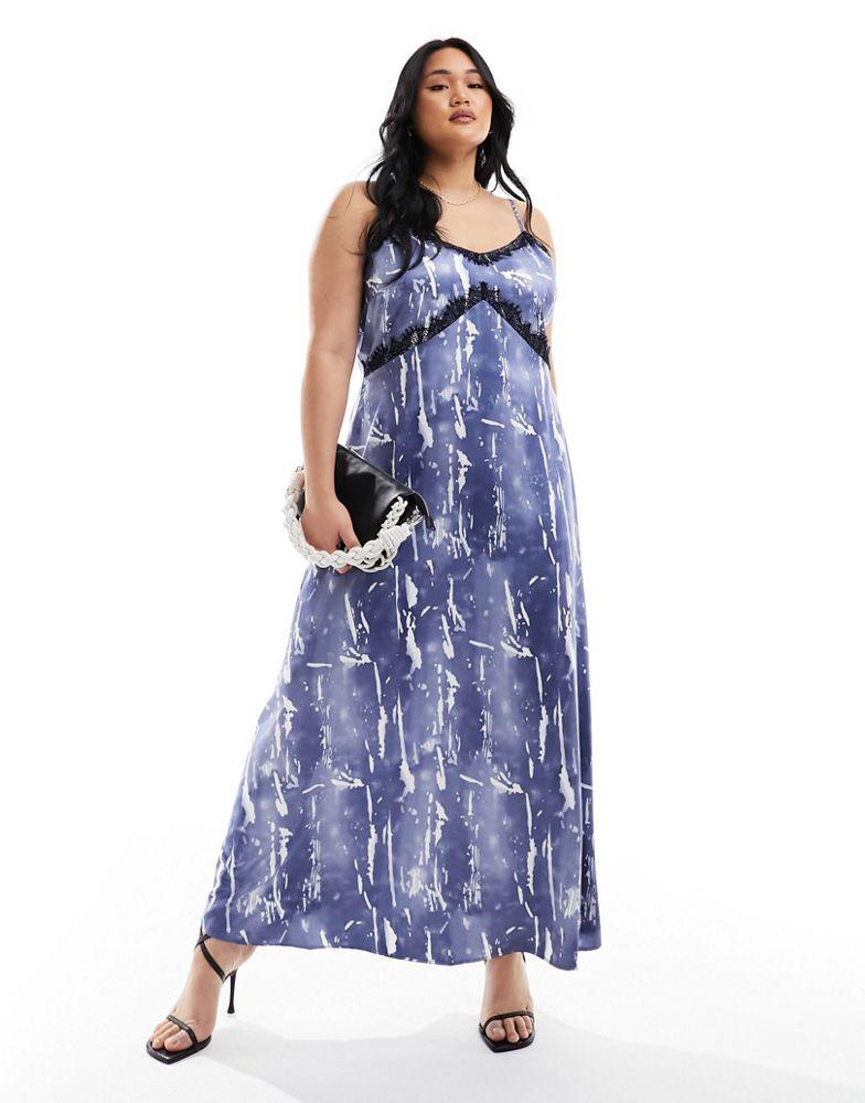 Vero Moda Curve Vero Moda Curve satin maxi slip dress with lace trim in blue crinkle print
