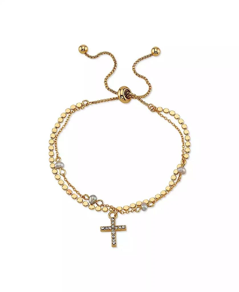 Unwritten 14K Gold Flash-Plated Gray Fresh Water Pearl and Crystal Cross Double Strand Bolo Bracelet