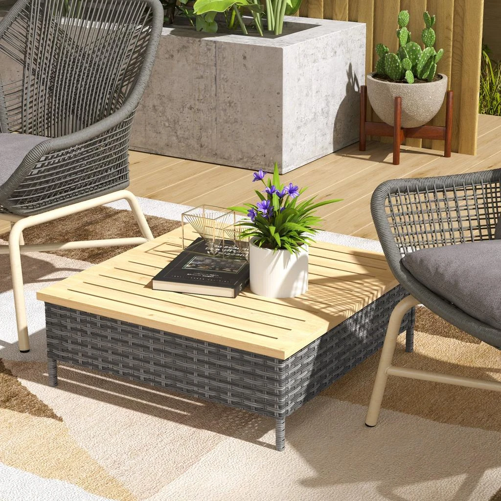Hivvago Outdoor Wicker End Table with Wood Top 2