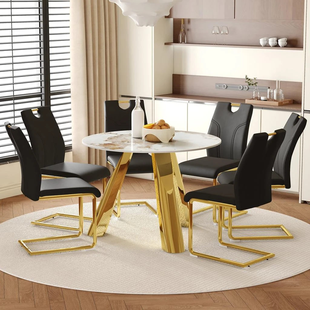 Streamdale Furniture Streamdale Round Marble Table 
6 Black Chairs with Gold Legs 2