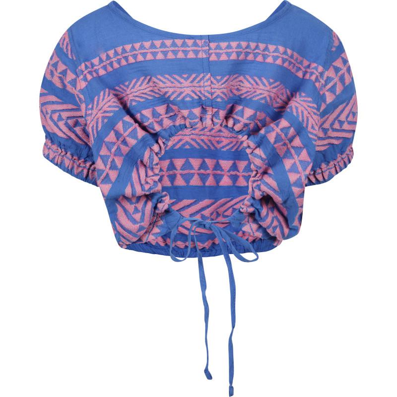 Devotion Geometric print open back blouse in pink and blue