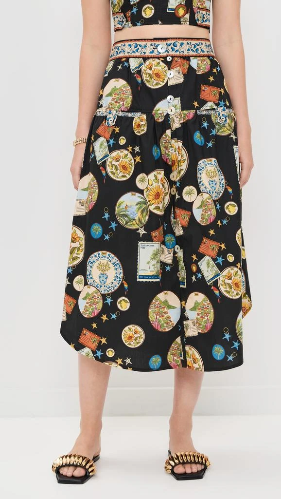 Farm Rio Trip Souvenir Black Mixed Buttons Midi Skirt 6