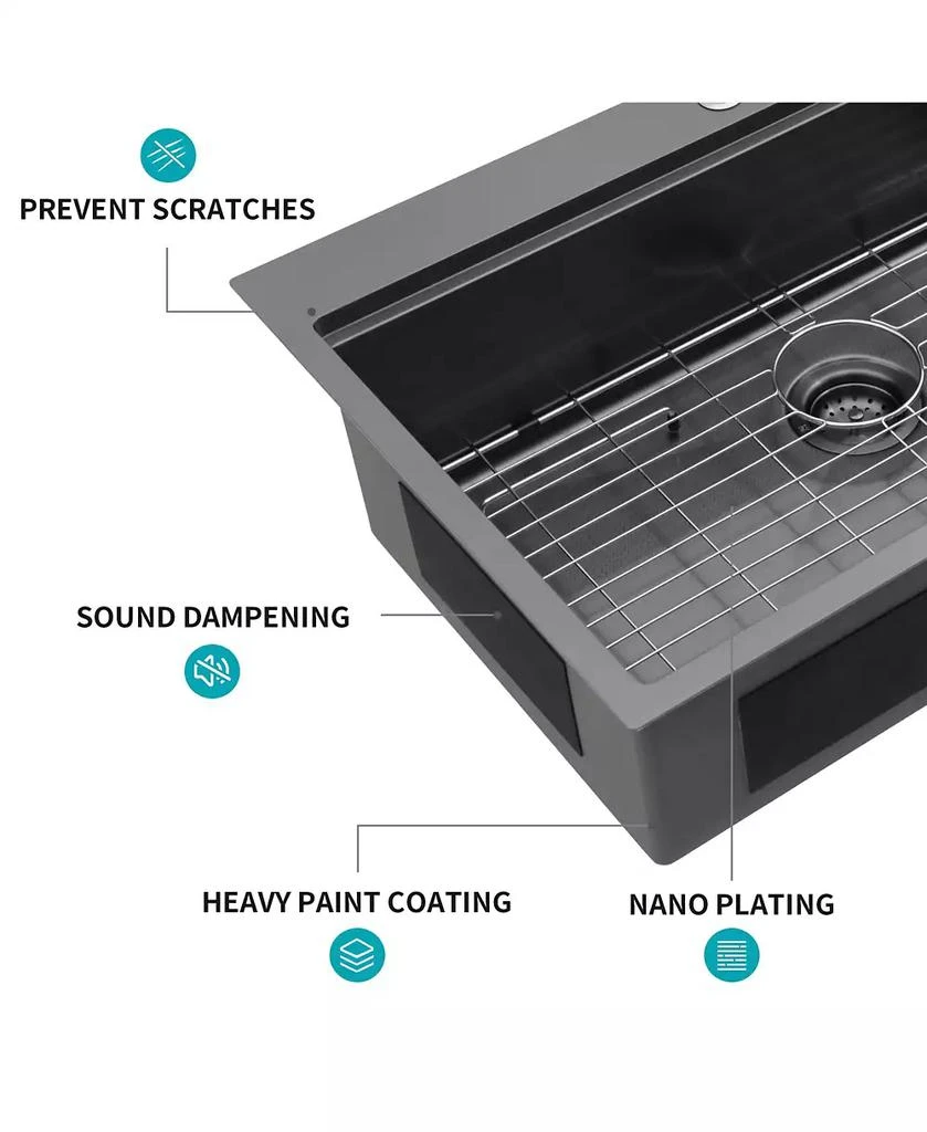 Flynama 33x22x9inch Gunmetal Black Kitchen Sink Drop In Workstation Stainless Steel 16 Gauge 7
