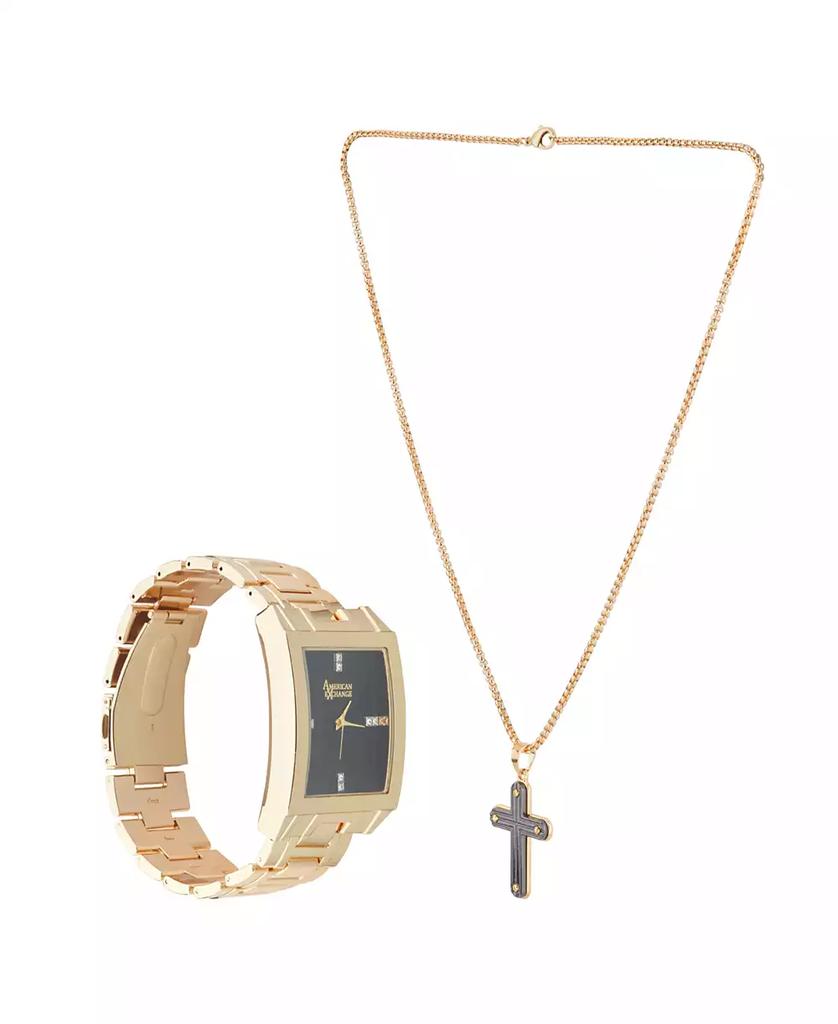 American Exchange Men's Shiny Gold Tone Metal Alloy Analog Watch 36mm with Cross Pendant Necklace Gift Set