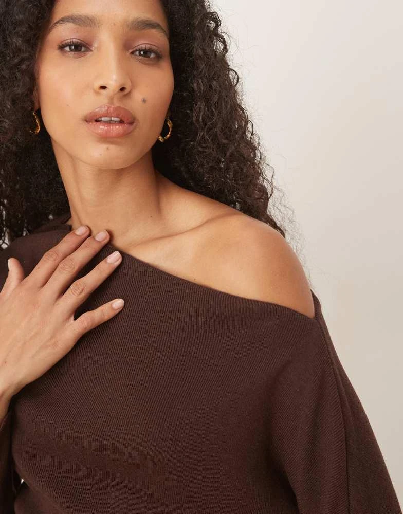 ASOS ASOS DESIGN knitted asymmetric off shoulder top in rib in chocolate 2
