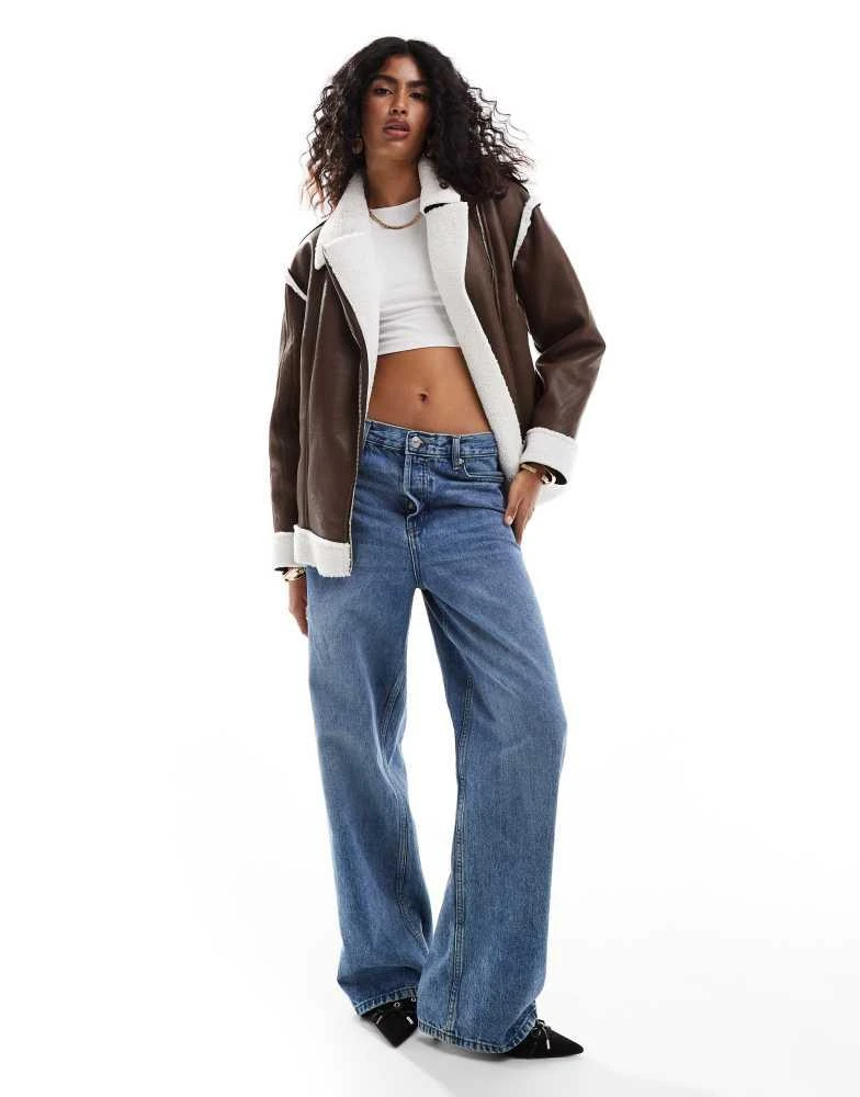 SNDYS SNDYS leather look borg contrast aviator jacket in brown 3