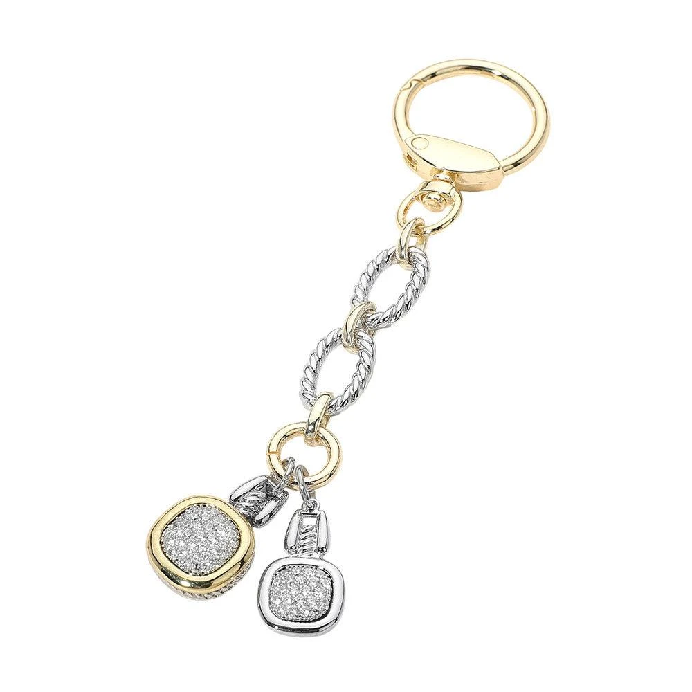 FASHNZFAB 14K Gold Plated Double CZ Pave Square Charm Drop Keychain Bag Charm 3