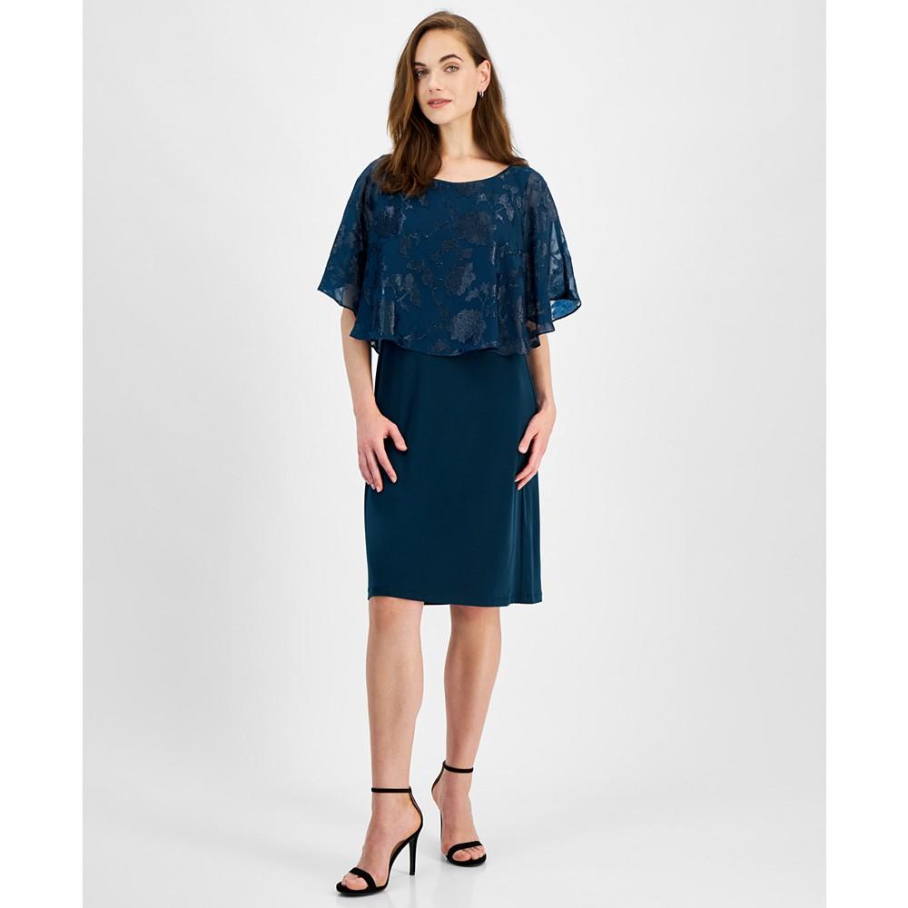 Connected Women's Chiffon Cape Overlay Sheath Dress