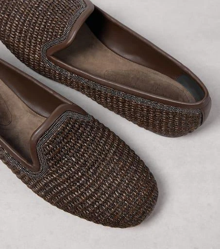 Brunello Cucinelli Leather-trimmed raffia slippers 5