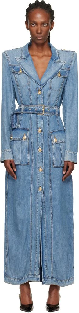 Balmain Blue Belted Long Denim Coat 1