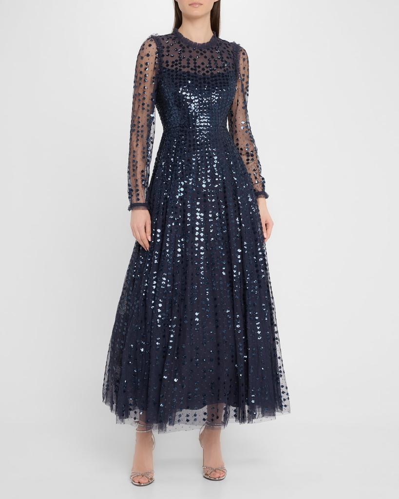 Needle & Thread Raindrop Sheer-Sleeve Sequin Ankle Gown